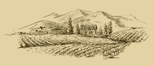 Sketch of a farmhouse with mountains and fields in the background.