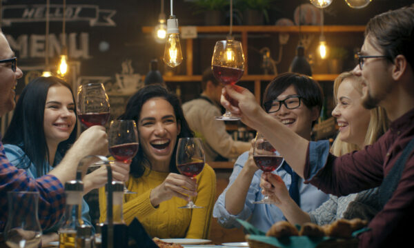Diverse Group of Friends Celebrate with a Toast and Clink Raised Friends joyfully clinking glasses over a meal in a cozy setting.