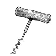 Black and white sketch of a corkscrew with a wooden handle.