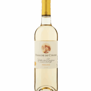 A bottle of white wine with a gold foil top and elegant label.