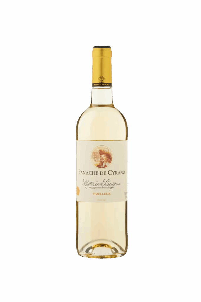 A bottle of white wine with a gold foil top and elegant label.