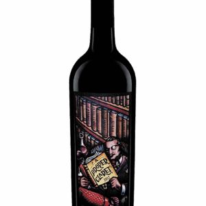 A wine bottle with a vintage-style label featuring a man reading a book in a library.