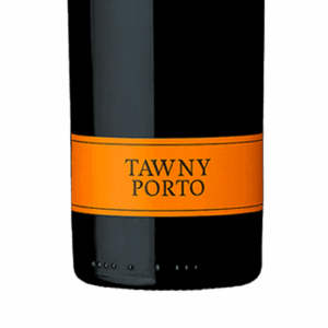 A bottle of Tawny Porto wine with an orange label.
