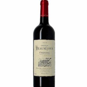 A bottle of red wine with a beige label and red foil cap.