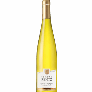 A bottle of white wine with a gold foil top and a detailed label.