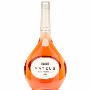A bottle of Mateus Rosé wine with a distinctive round shape.
