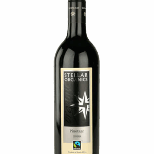 A bottle of Stellar Organics red wine with a Fairtrade label.