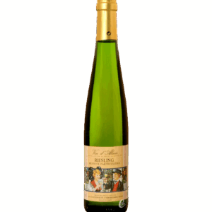 A tall green wine bottle with a decorative label and gold foil top.