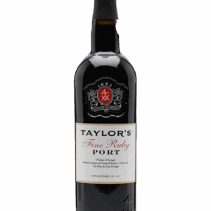 A bottle of Taylor's Fine Ruby Port wine with a black and white label.