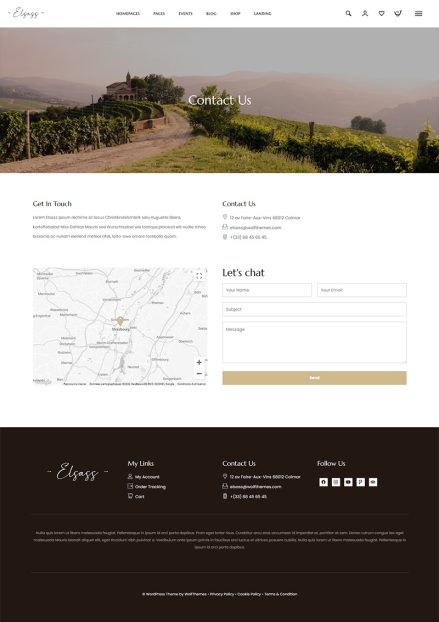 Contact page with form, map, and contact details for a business.