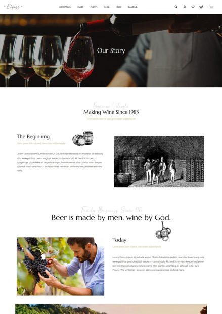 A winery's story page featuring images of winemaking and a family.