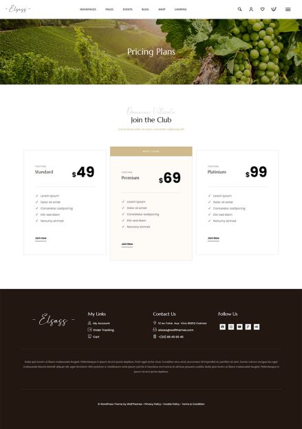 Pricing table with three membership options: Basic, Standard, and Premium.